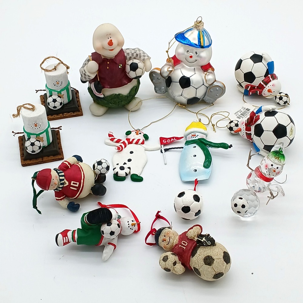 Lot of 12 Snowmen Playing Soccer / Football Christmas Ornaments